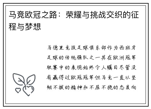 马竞欧冠之路：荣耀与挑战交织的征程与梦想