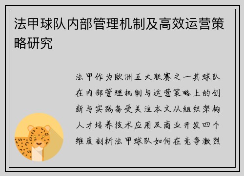 法甲球队内部管理机制及高效运营策略研究